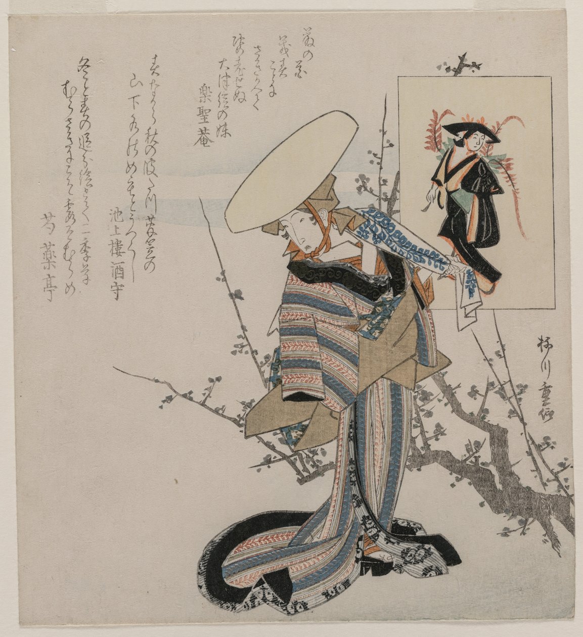 Mulher por uma árvore de ameixa combinada com a donzela das glicínias ..., c. início da década de 1830. de Yanagawa Shigenobu