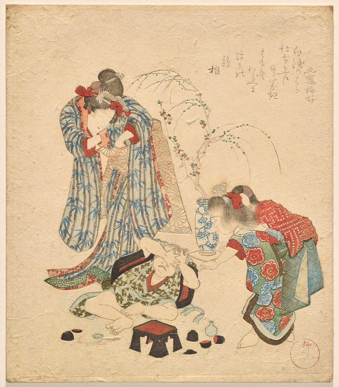 Duas raparigas com o seu irmão mais novo que derrubaram o conjunto de saquê de Yanagawa Shigenobu II