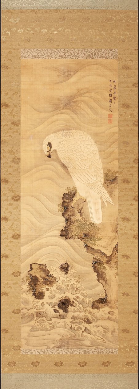 Yanagisawa Kien. Águia marinha em uma rocha com ondas de Yanagisawa Kien