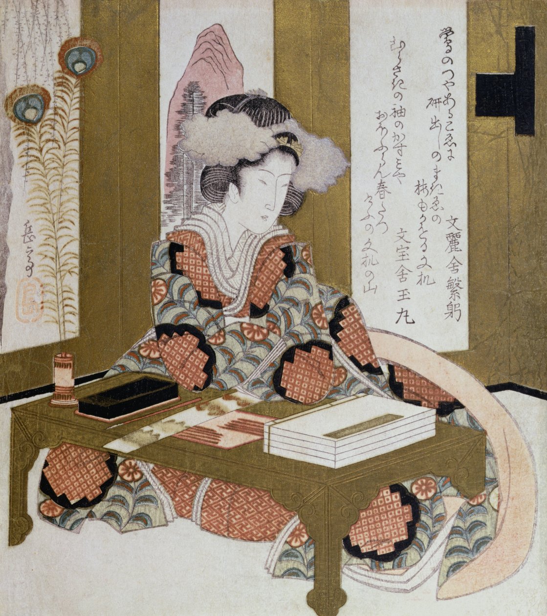 A poetisa, Bijin, na sua mesa de caligrafia (impressão em xilogravura a cores) de Yashima Gakutei