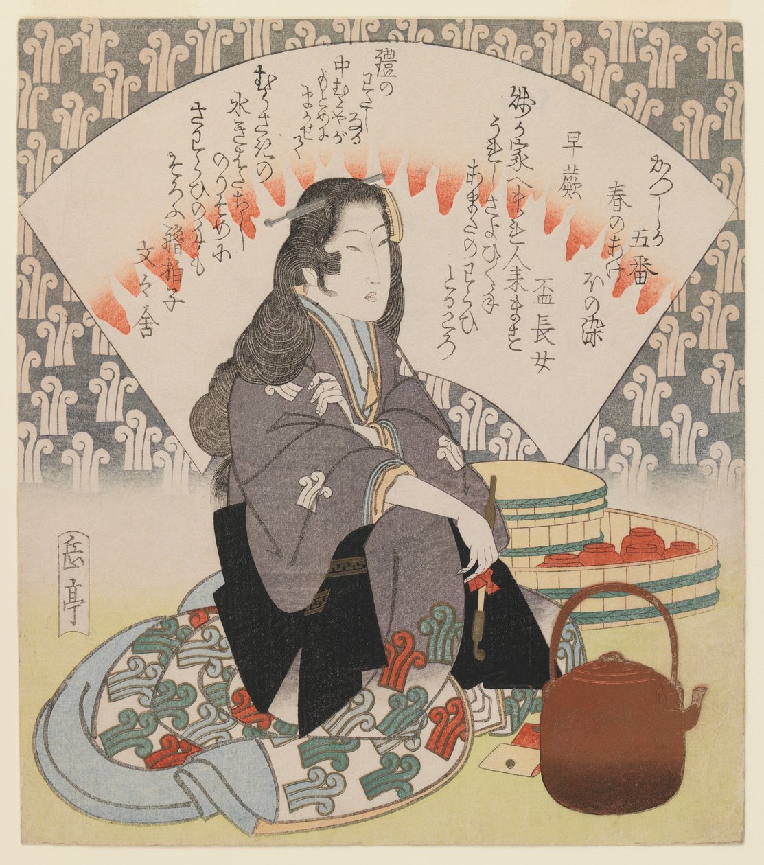 Garçonete e Chaleira de Cobre Da Série de 5 Surimono para o Clube de Poesia Katsushika, c.1830 (xilogravura, formato shikishiban, impressão de luxo com metais extensos) de Yashima Gakutei