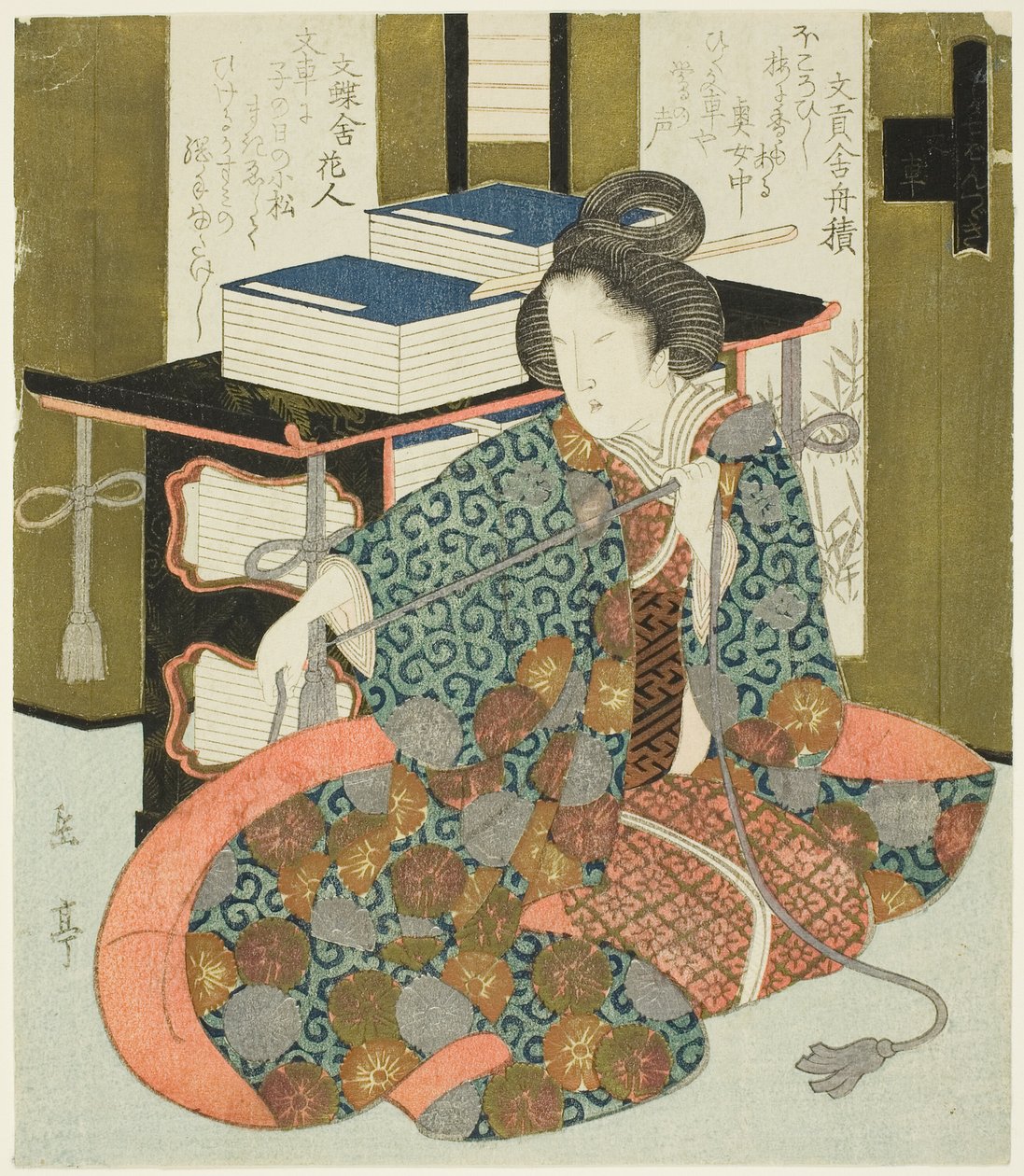 A Woman Pulling the Cord of a Wheeled Book Case, da série "A Set of Seven for the Katsushika Club" de Yashima Gakutei