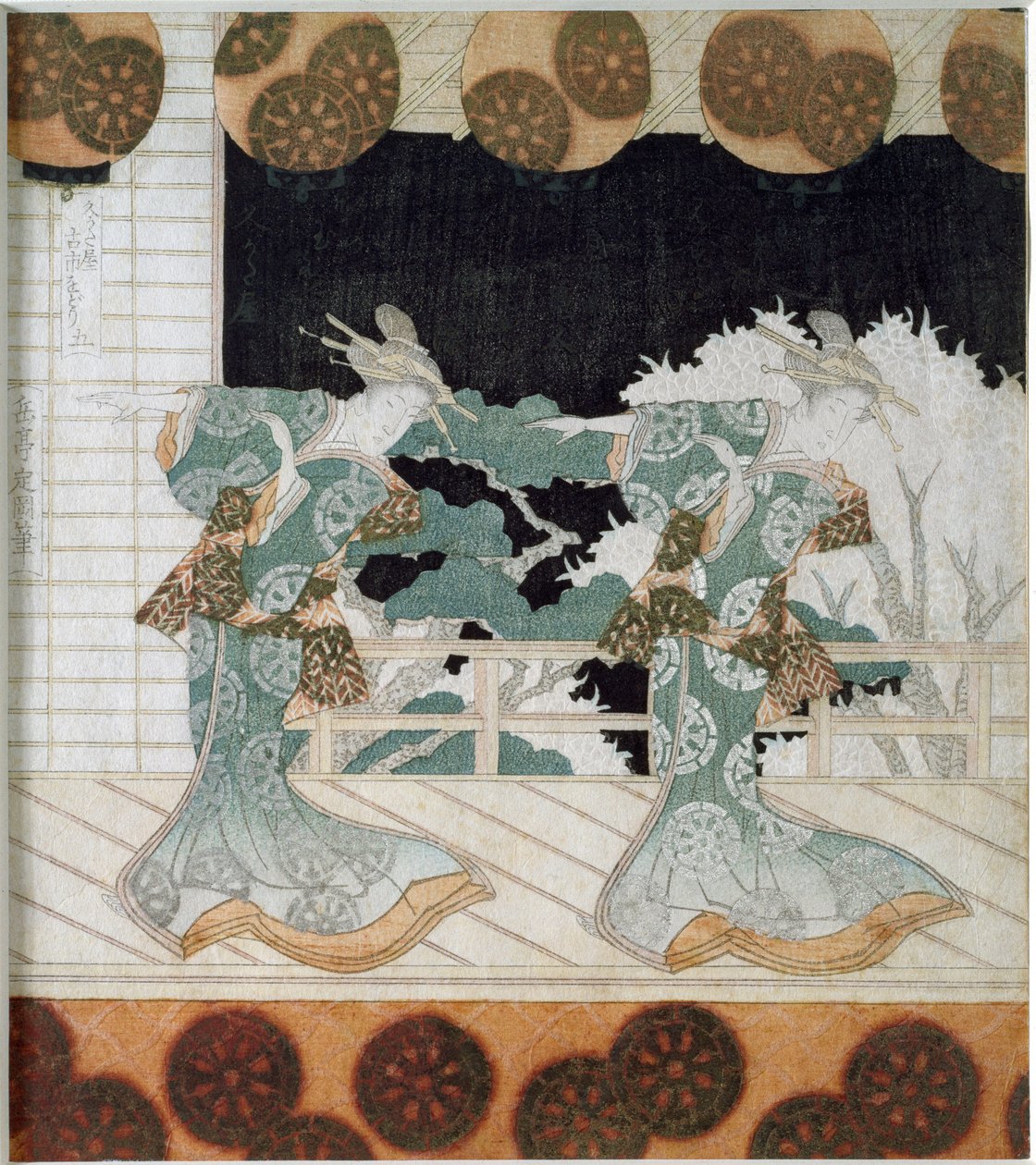 Bailarinos em traje tradicional em uma cena gravura japonesa "Surimono" de Yashima Gakutei (1786-1868) 1822 Coleção particular de Yashima Gakutei