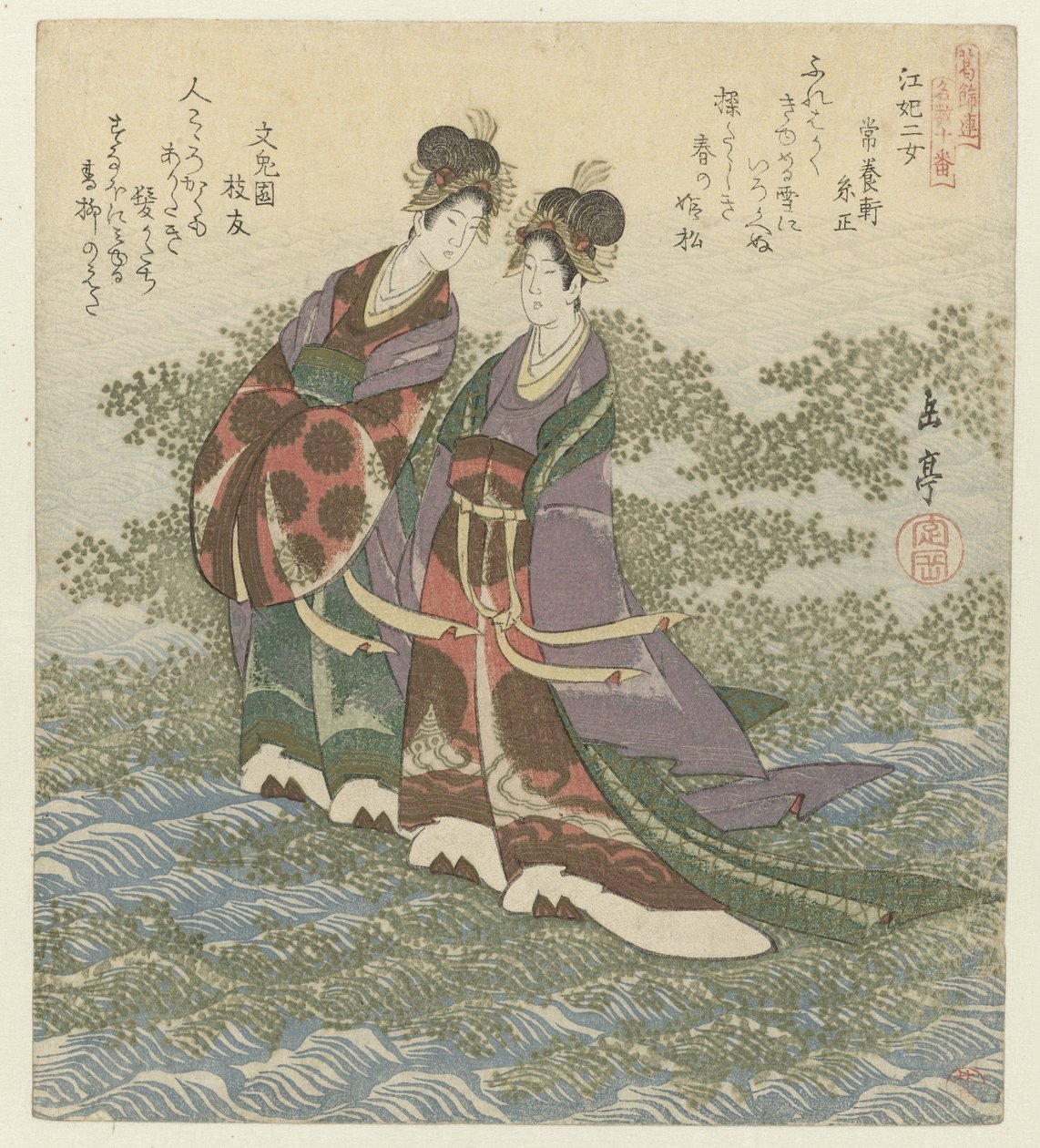 As duas princesas do rio Kôhi nijo (título no objeto) Uma série de dez impressões de canções famosas para a Katsushika Poetry Society (título da série) Katsushikaren meisû jûban (título da série no objeto) de Yashima Gakutei