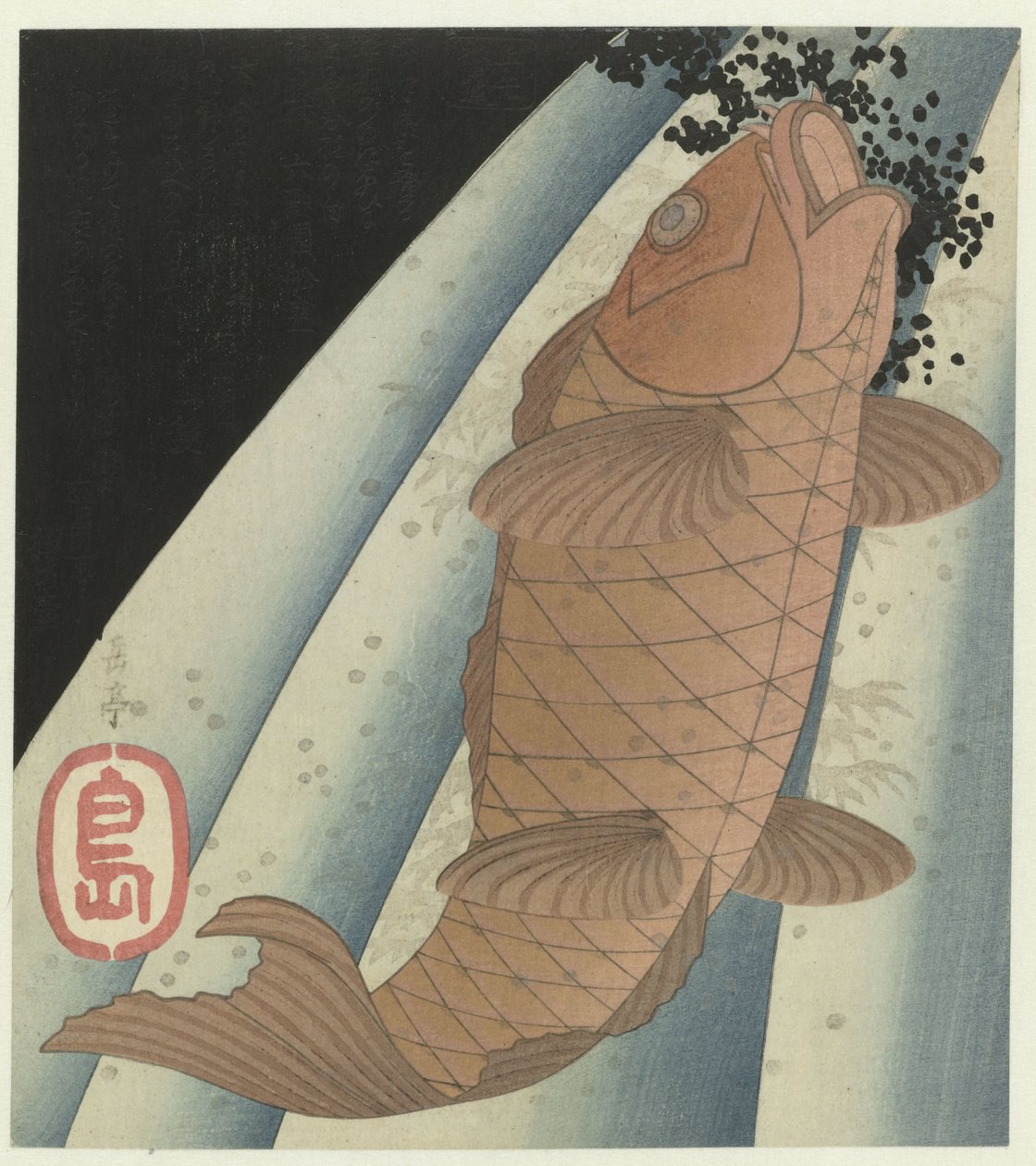A carpa salta contra a queda de água
A sociedade poetisa Suigyô de Kamige (título da série)
Kamige Suigyôren (título da série sobre o objecto) de Yashima Gakutei