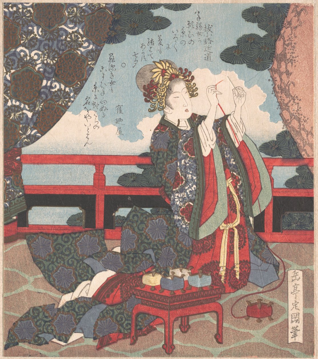 Senhora a enfiar a agulha na varanda de Yashima Gakutei