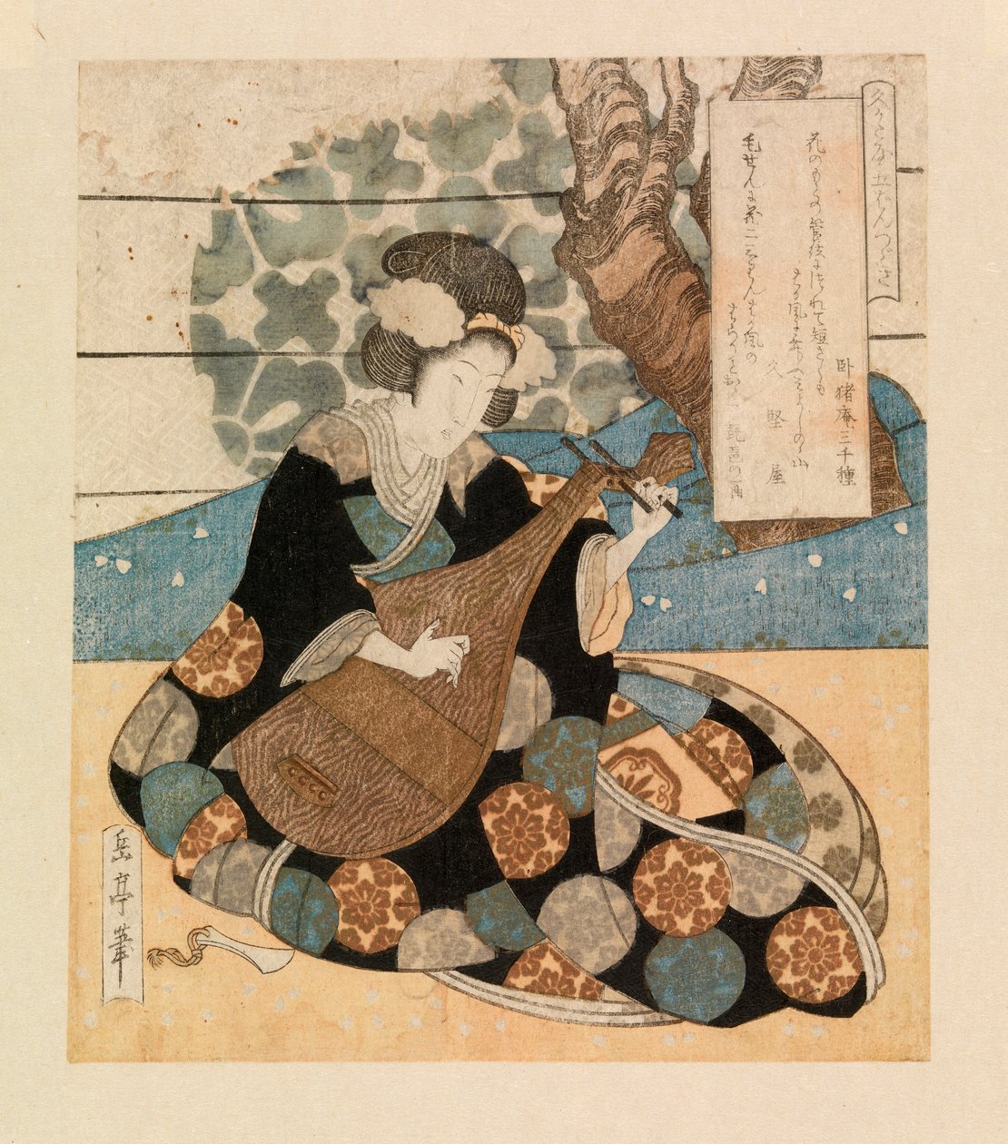 Senhora a tocar um instrumento, c.1804-40 (xilogravura a cores) de Yashima Gakutei