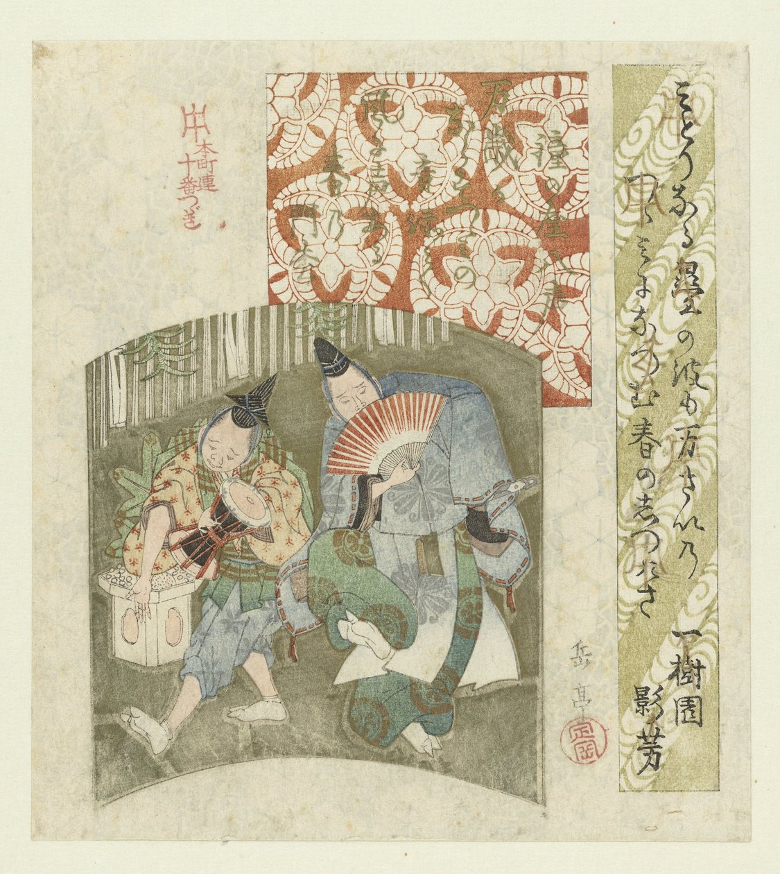 Dançarinos de Ano Novo num ecrã
Uma série de dez estampas para os Honchôren (título da série)
Honchôren jûbantsuzuki (título da série sobre o objecto) de Yashima Gakutei