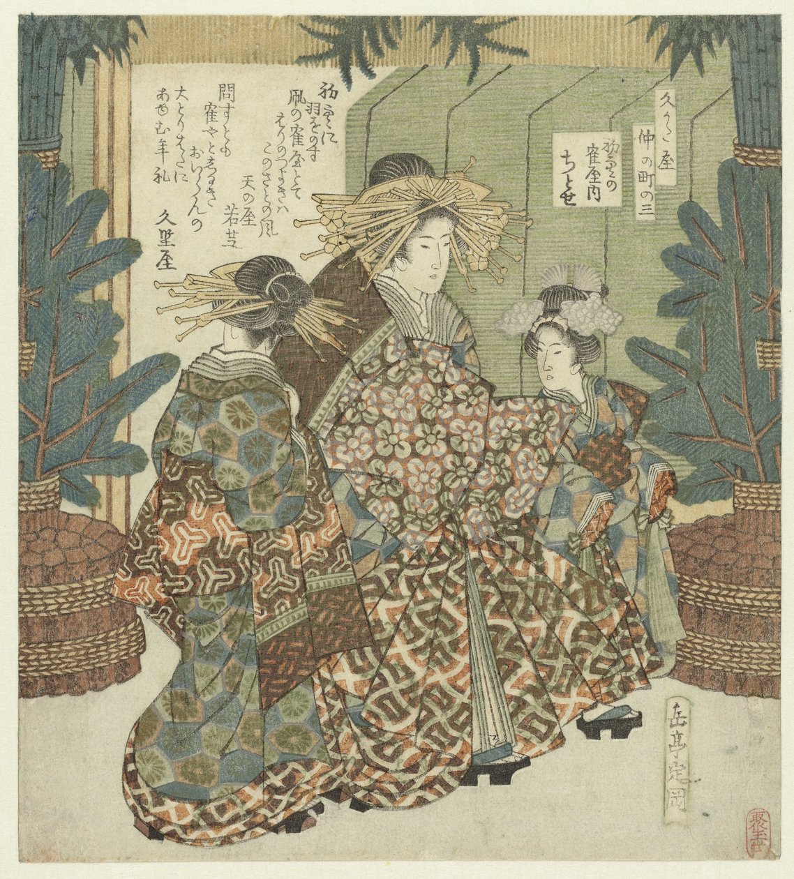 Número três: o céu no Ano Novo com Chitose da Tsuruya
San - Hatsusora no Tsuruya uchi Chitose (título sobre o objecto)
O Nakanochô para a associação de poetas Hisakataya (título da série)
Hisakataya Nakanochô (título da série sobre o objecto) de Yashima Gakutei