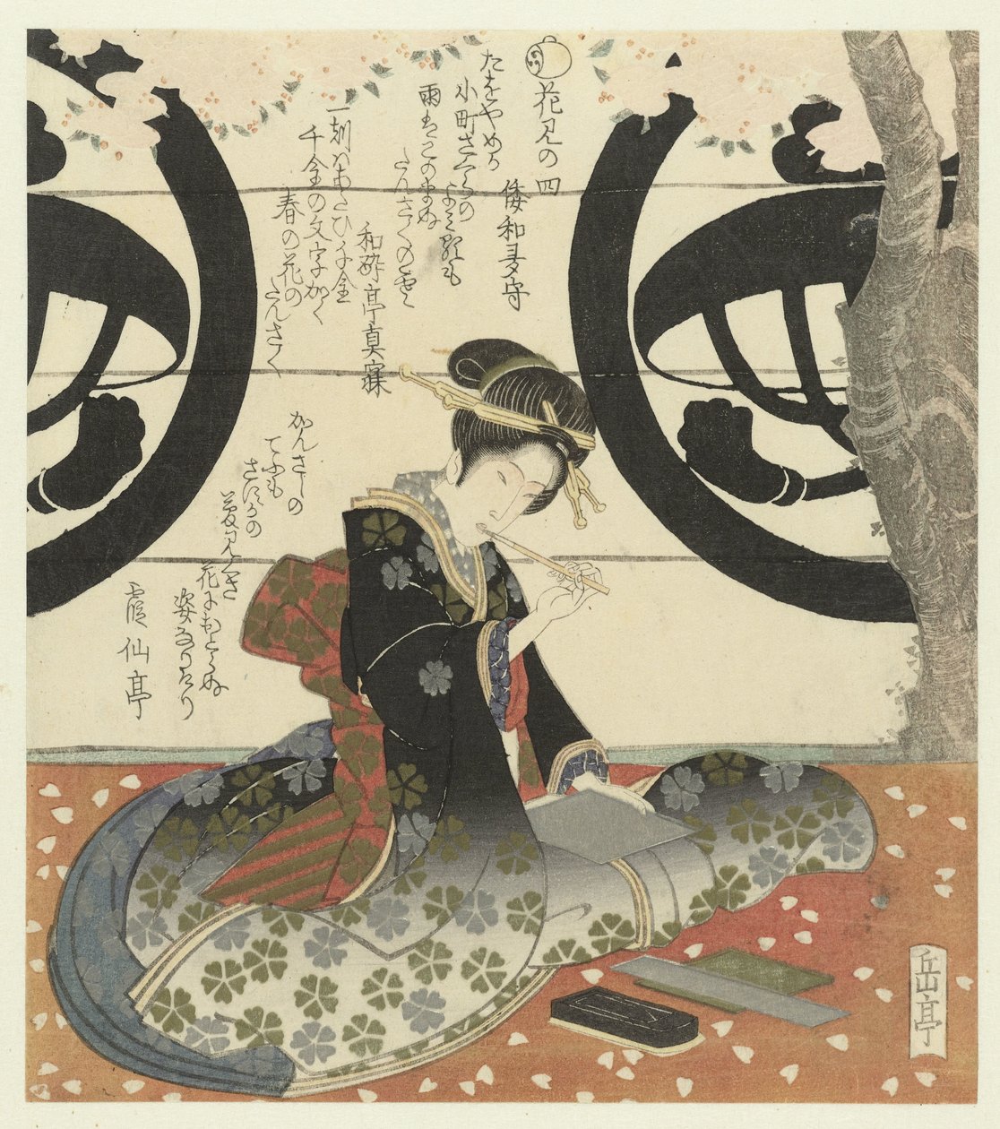 Número quatro: Garota escreve poema Não yon (título no objeto) Vendo flores (título da série) Hanami (título da série no objeto) de Yashima Gakutei