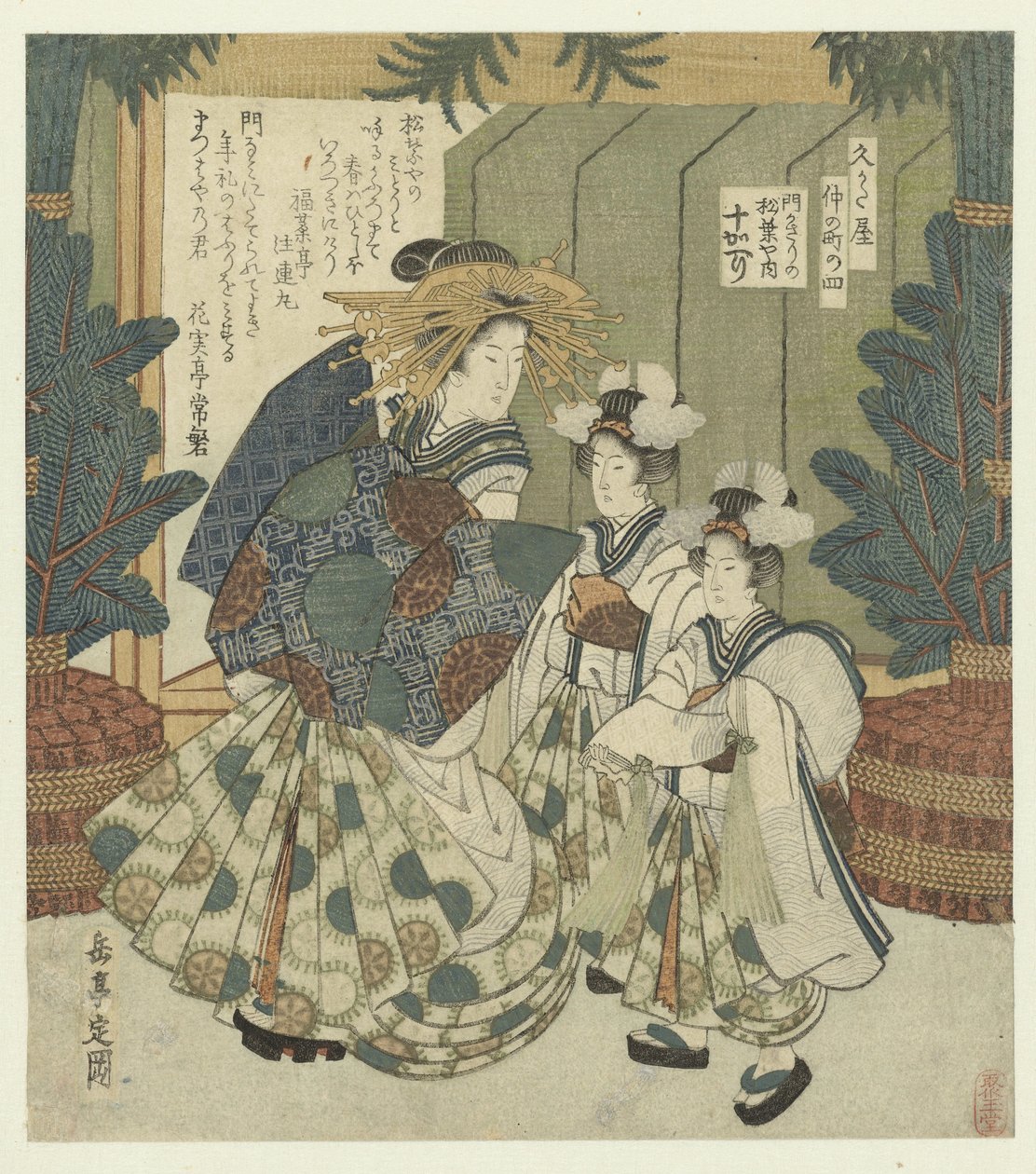 Número quatro: as decorações de portão de Togaeri da Matsubaya
Yon - Kadokazara no Matsubaya uchi Togaeri
O Nakanochô para a associação de poetas Hisakataya (título da série)
Hisakataya Nakanochô (título da série sobre o objecto) de Yashima Gakutei