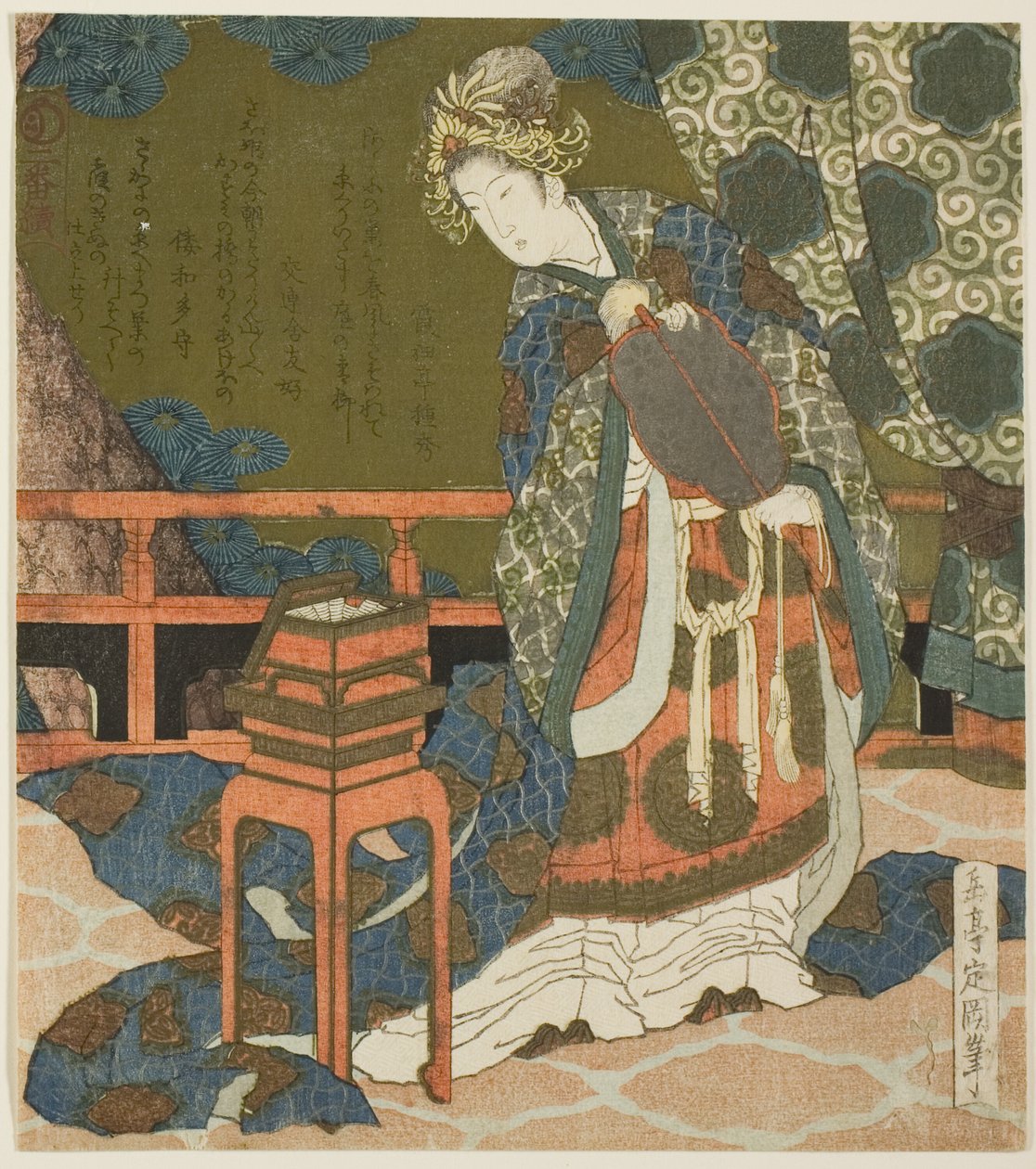 Duas mulheres chinesas examinando um fio e uma teia de aranha em uma caixa, da série "Díptico para o grupo de tambores" de Yashima Gakutei