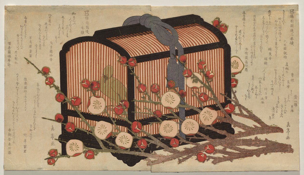 Dois Desenhos Contínuos para o Clube da Província de Bizen sob o Grupo Go-gawa: Warbler in a Cage with Branches of Blossoming Plum de Yashima Gakutei