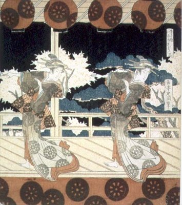 Duas Dançarinas Actuam no Palco, de The Dance at Furuichi para a série Hisakataya Group, c.1822 (tinta) de Yashima Gakutei