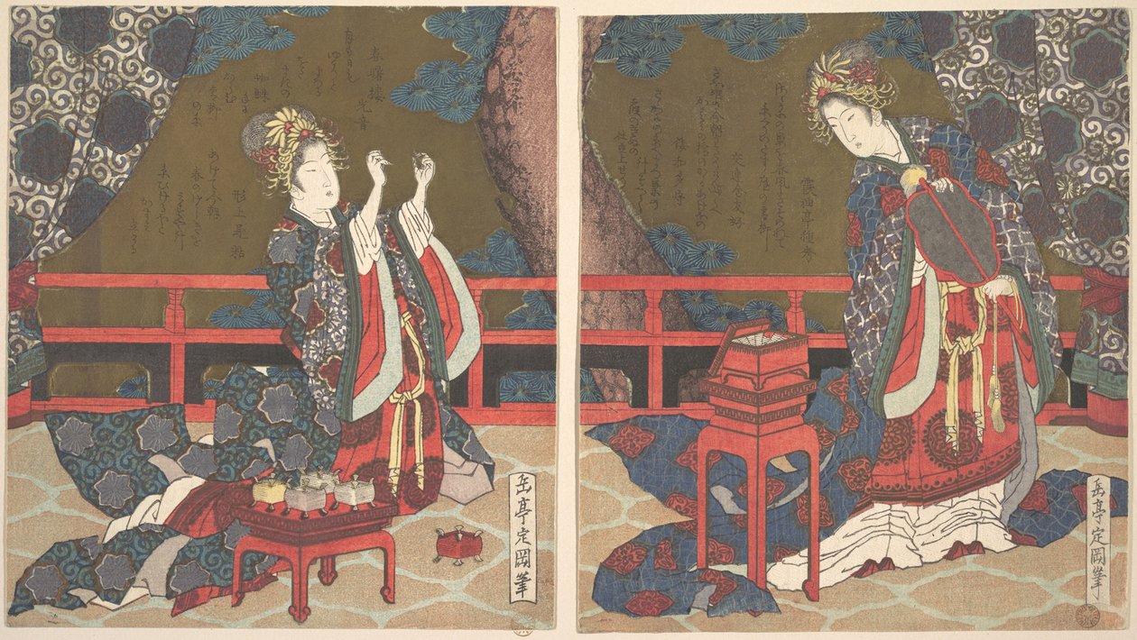 Duas senhoras numa varanda, uma com leque, a outra a enfiar uma agulha de Yashima Gakutei
