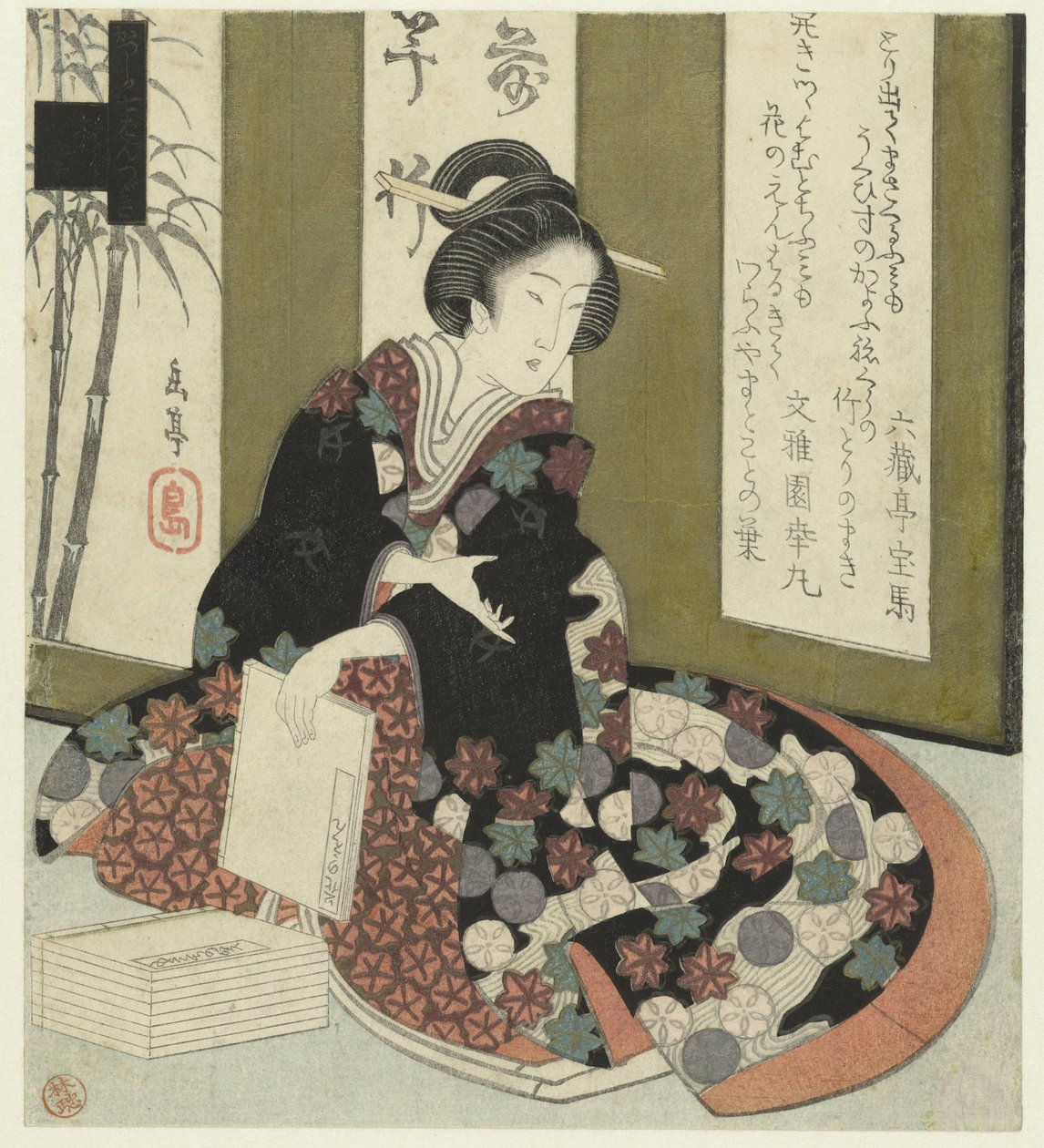 Mulher com livro
Uma série de sete gravuras para a sociedade de poesia Katsushika (título da série)
Katsushika shichibantsuzuki (título da série sobre o objecto) de Yashima Gakutei
