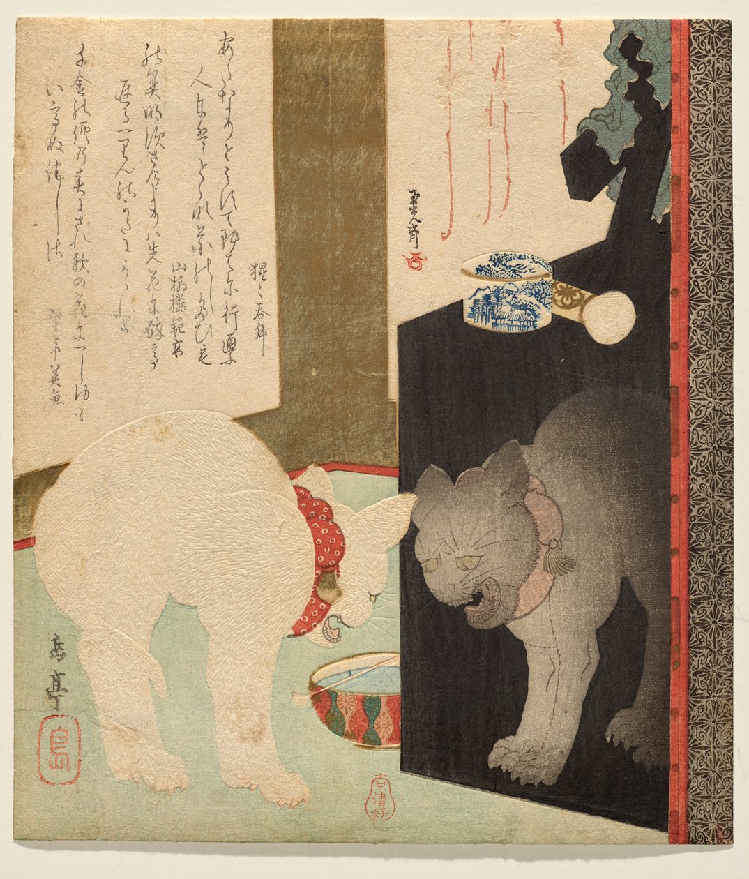 Gato Branco Reflectido num Curativo de Verniz de Yashima Gakutei