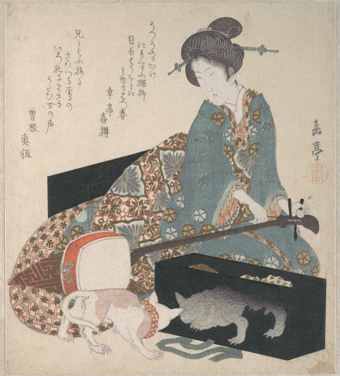 Mulher a afinar um shamisen e gato a olhar para o seu próprio reflexo de Yashima Gakutei