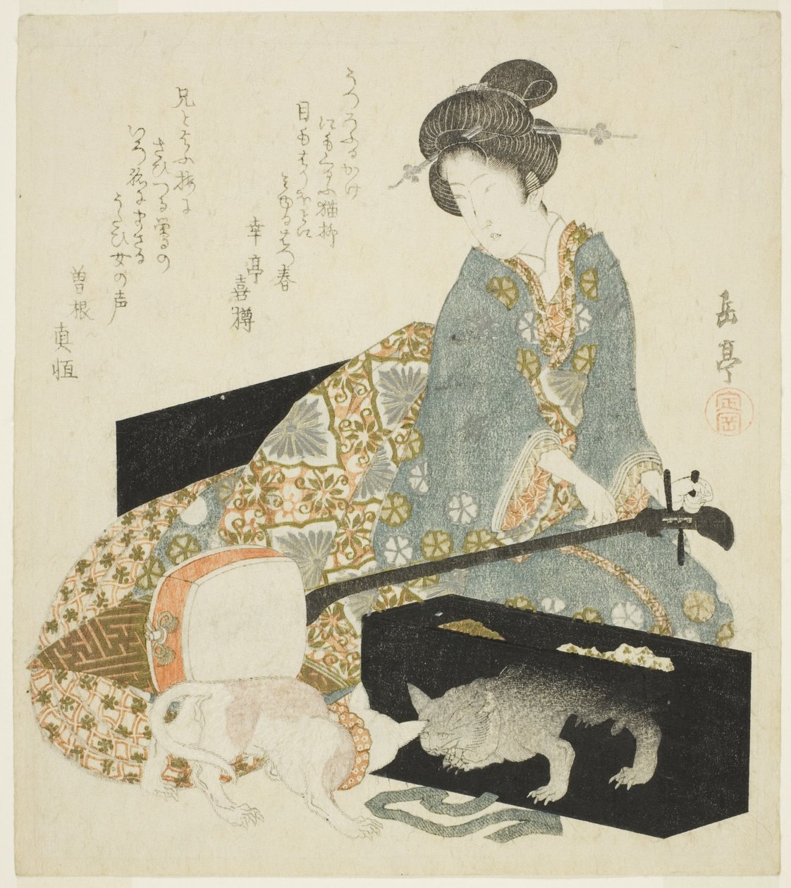 Mulher com Shamisen e gato de Yashima Gakutei
