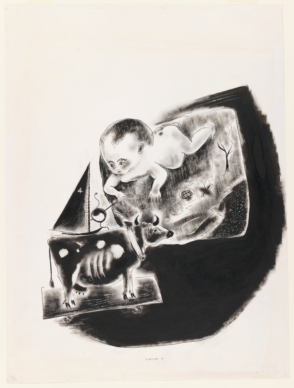Bebé e vaca de brincar de Yasuo Kuniyoshi