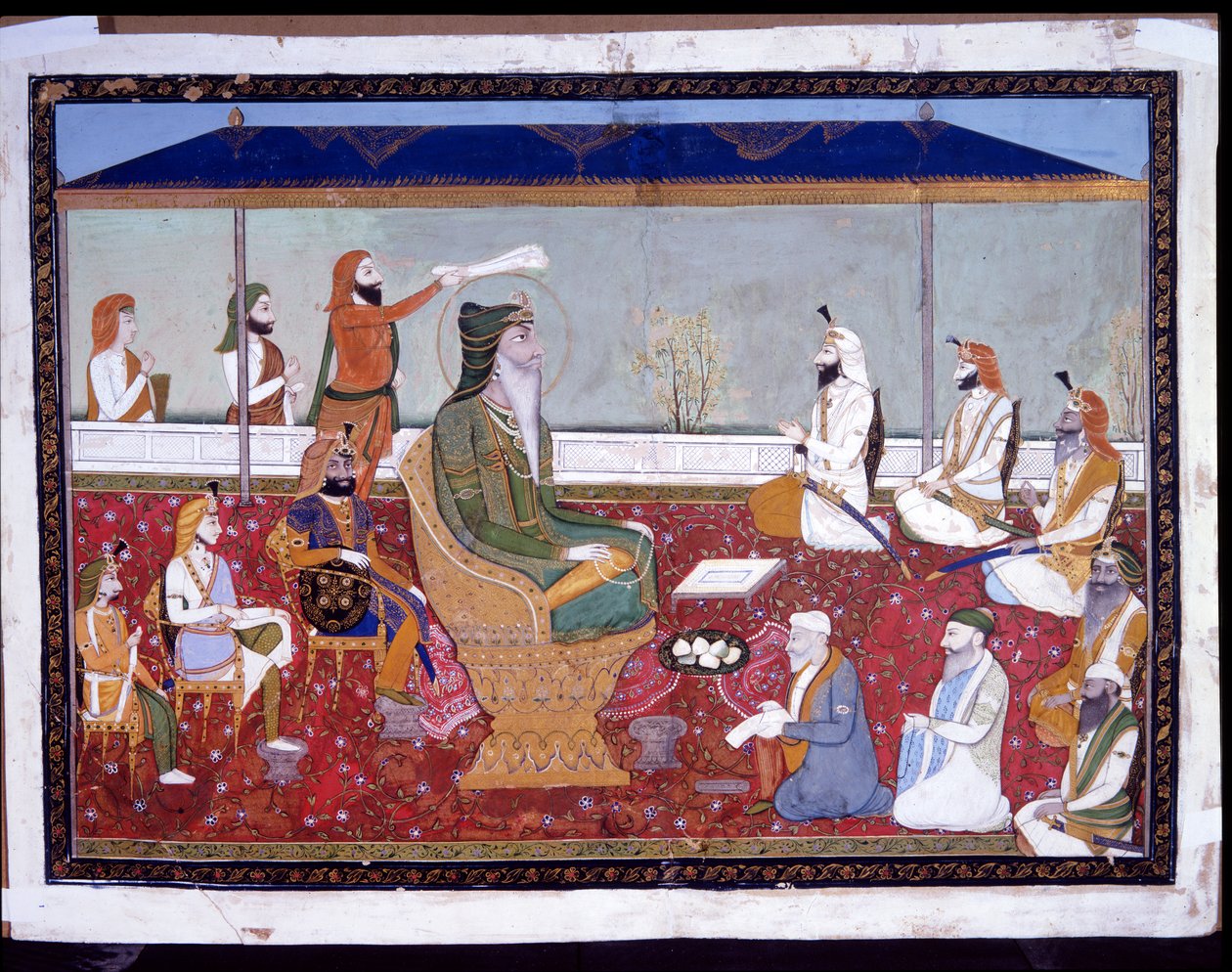 Ranjit Singh em seu trono dourado, c.1830 (aquarela opaca e ouro sobre papel) de Yechu Mussavir