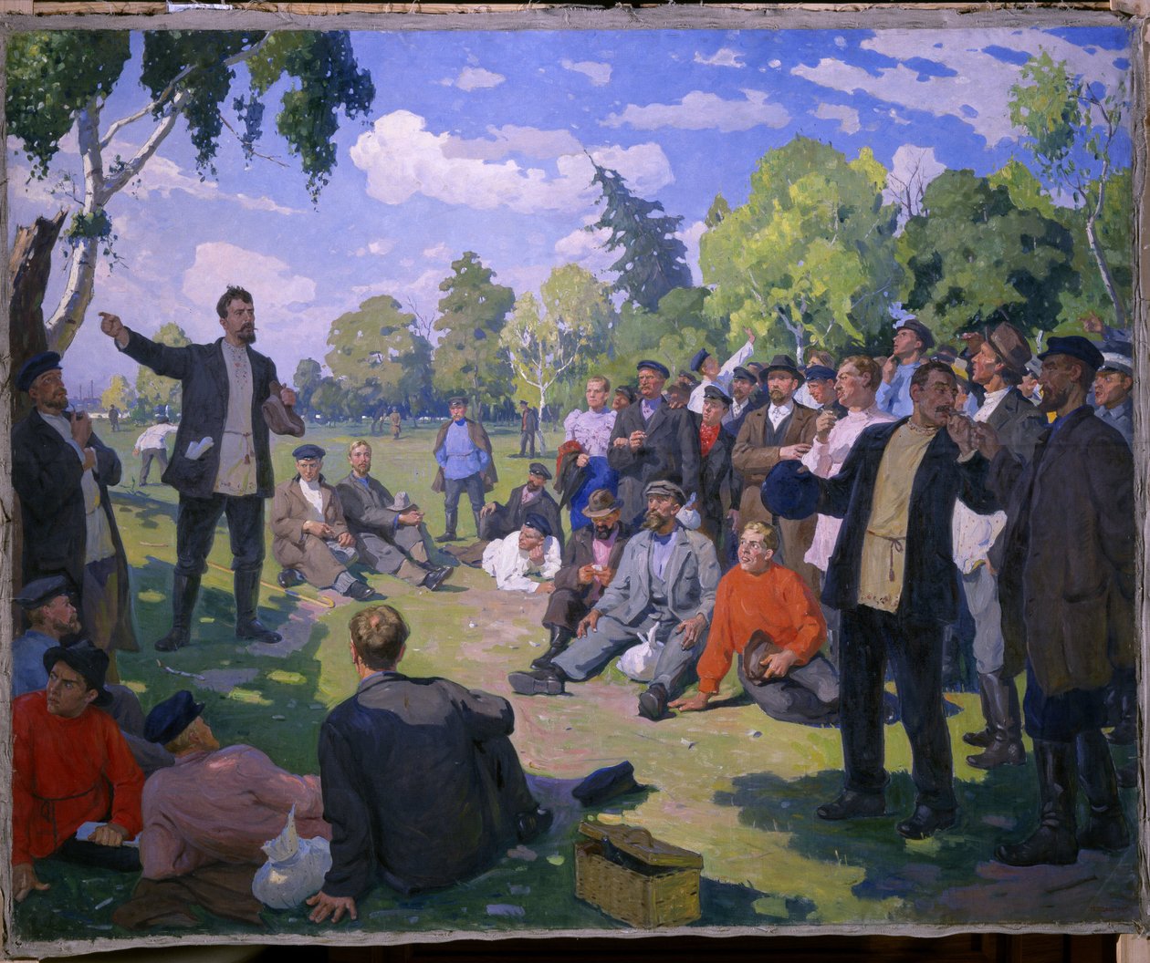 Dia do Trabalhador no 1º em 1891 (Dia de Maio em 1891). Dia de descanso e reunião dos trabalhadores num parque ensolarado. Pintura de Yefim Mikhailovich Cheptsov (1875-1950), óleo sobre tela 1935. Arte soviética do século XX. Museu Estatal Russo, Saint de Yefim Mikhailovich Tcheptsov