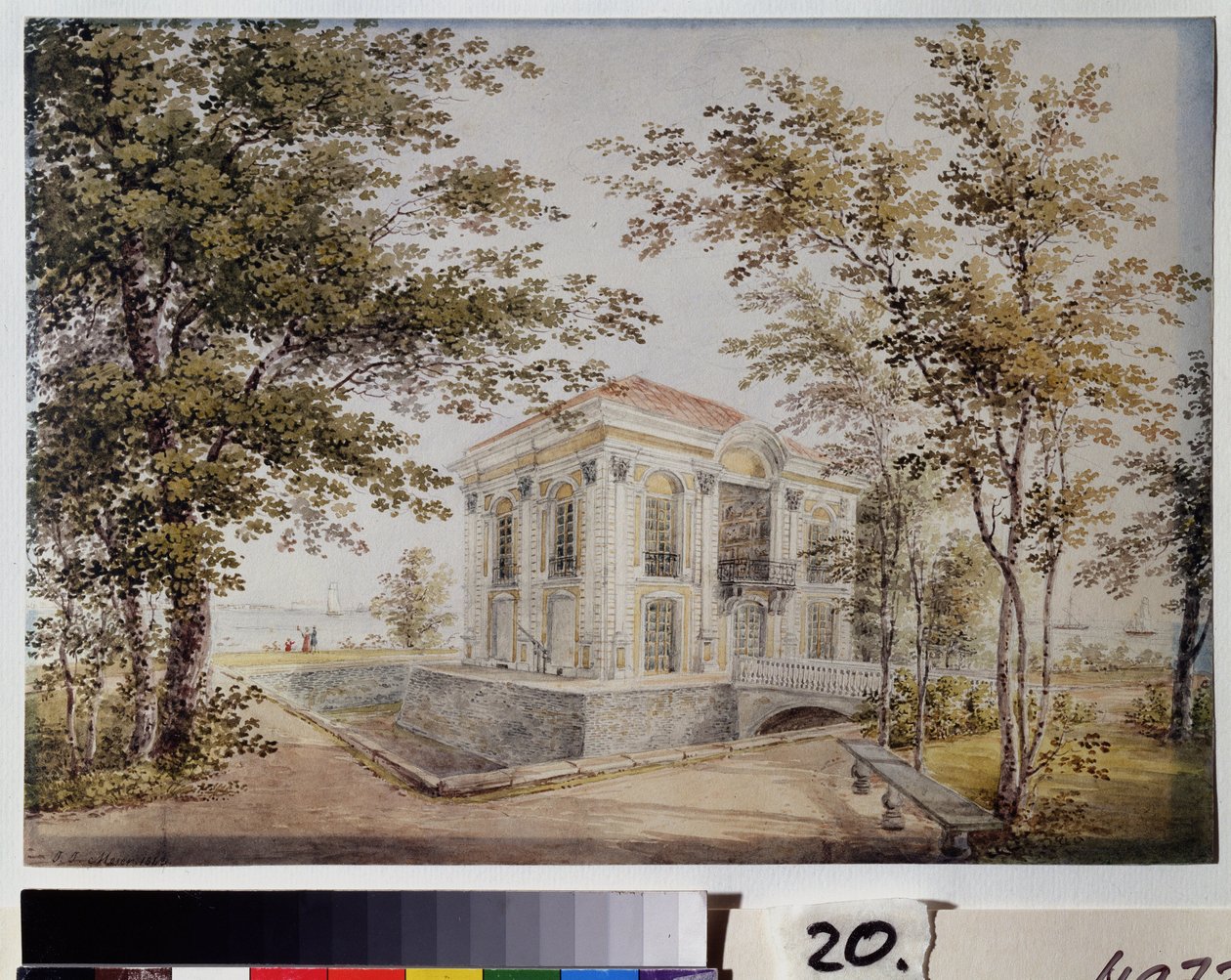 O pavilhão Hermitage em Peterhof. O pavilhão, também chamado Novo Monplaisir, foi construído em 1725 pelo arquitecto J. F. Braunstein. Trabalho de Yegor Yegorovich Meier (1822-1867), aguarela sobre papel, ca. 1850. Ar de Yegor Yegorovich Meier