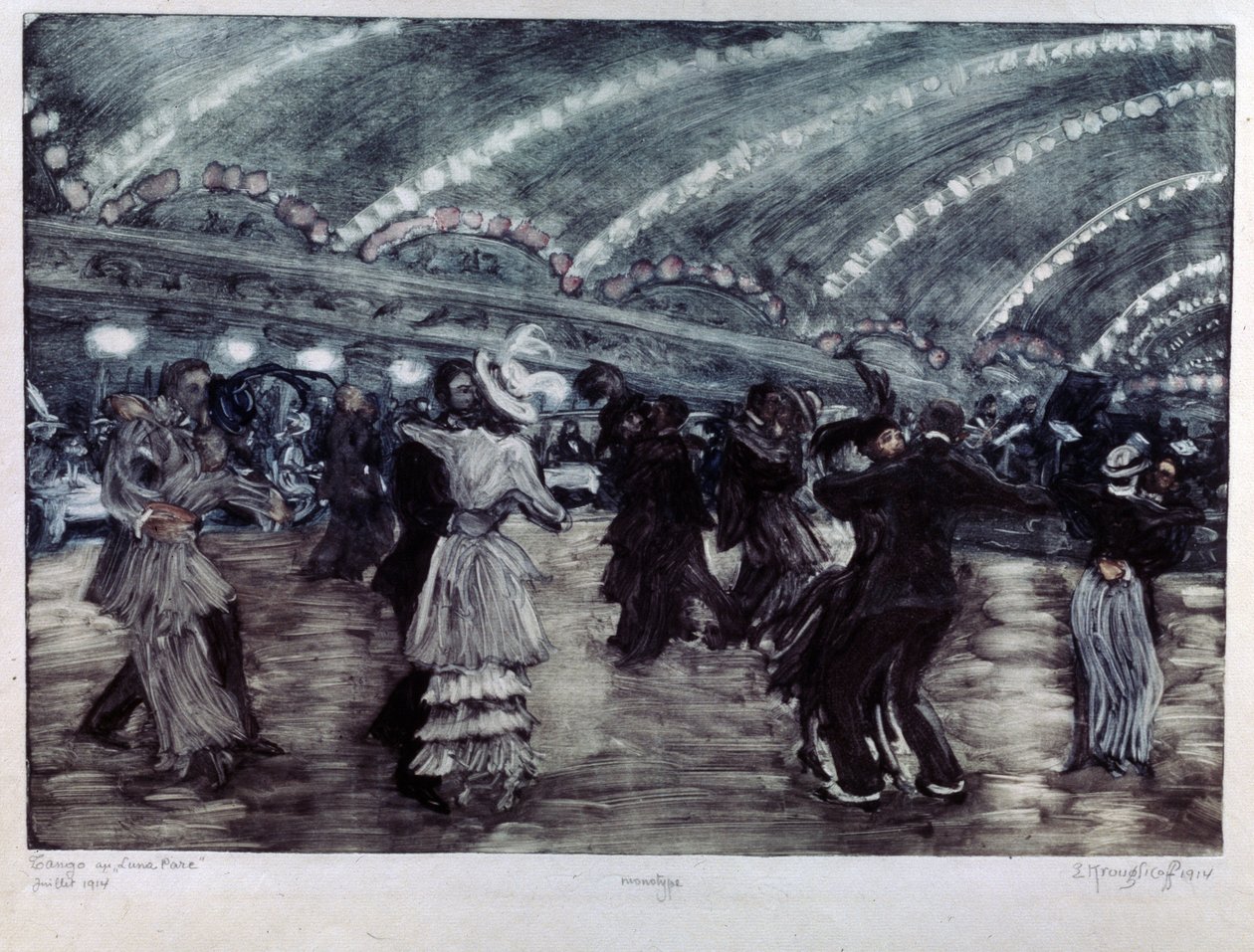 O Tango a Luna Park (Dança do Tango no Luna Park). Casais de dançarinos em um amplo piso, iluminado do teto por guirlandas de luz. Obra de Yelisaveta (Elisabeth) Sergeyevna Kruglikova (Elizaveta Sergeevna Krouglikova) (1865-1941), gravura ( de Yelisaveta Sergeyevna Kruglikova