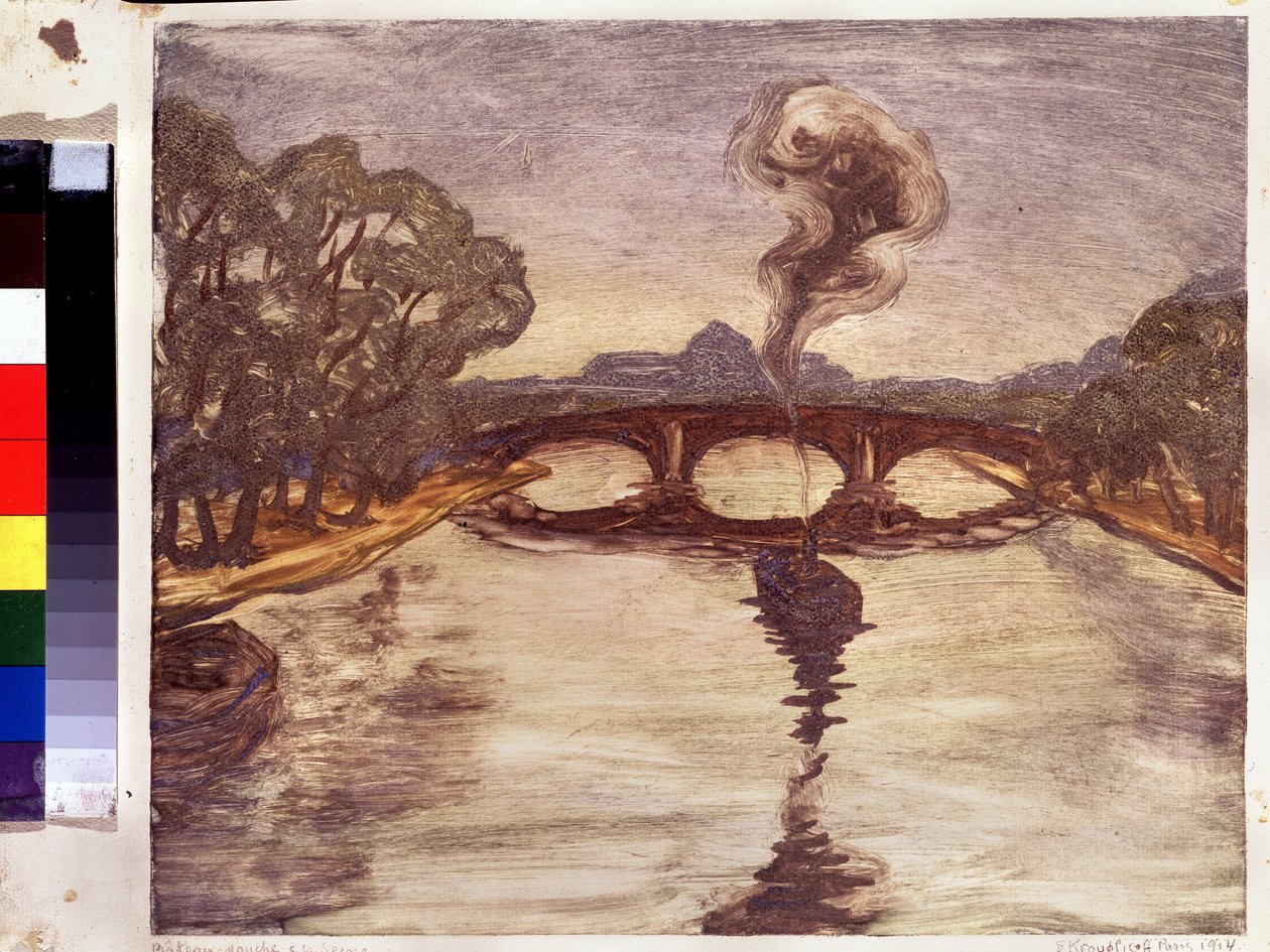Um barco no Sena. (Um barco no Sena). Peinture de Yelisaveta (Elisabeth) Sergeyevna Kruglikova (Elizaveta Sergeevna Krouglikova) (1865-1941), estampe (monótipo) de Yelisaveta Sergeyevna Kruglikova