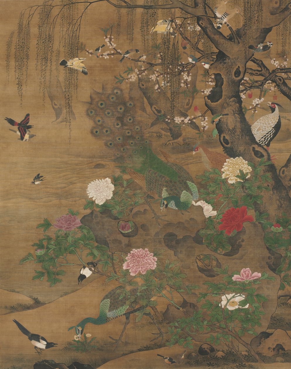Pássaros se reúnem sob o Salgueiro da Primavera, final de 1400 a início de 1500. de Yin Hong