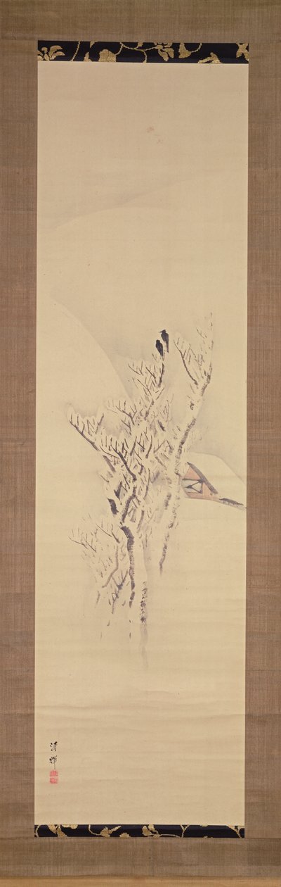 Paisagem de neve com corvos na árvore, c.1820-50 (tinta e cores no papel) de Yokoyama Seiki