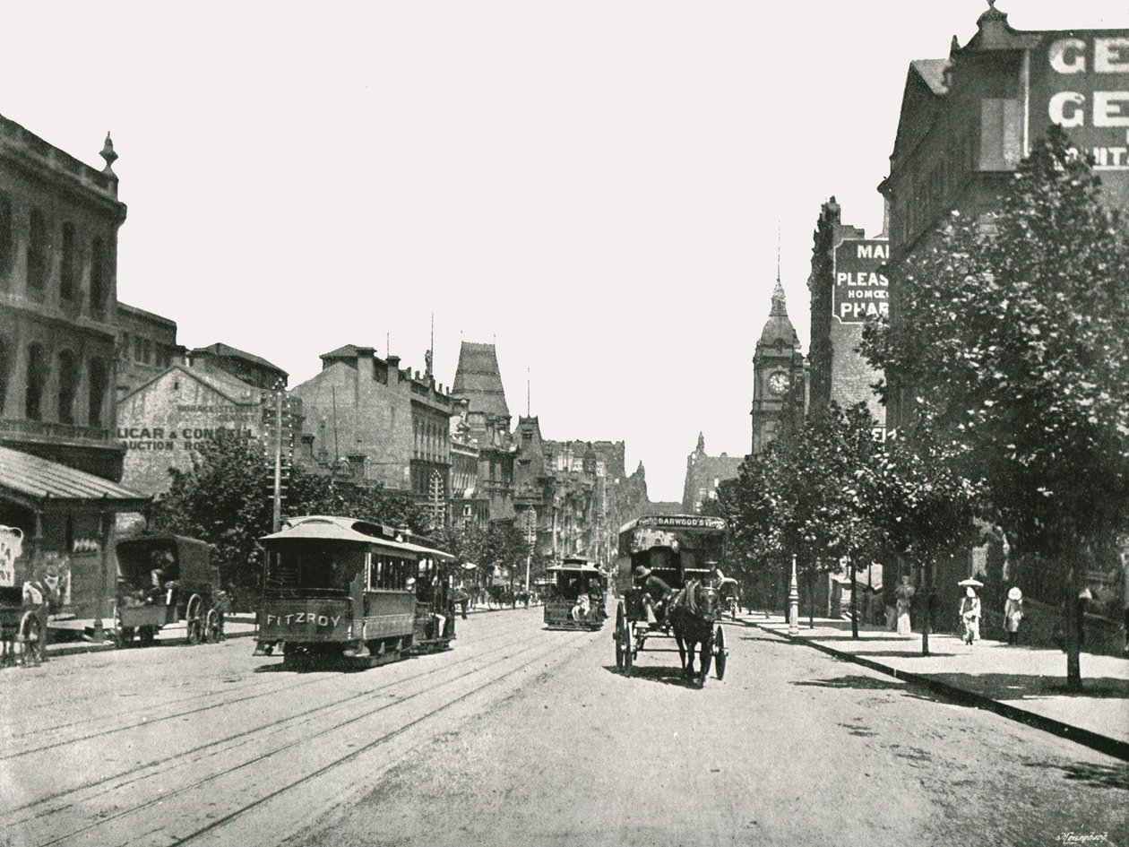 Collins Street, olhando para oeste da Russell Street, Melbourne, Austrália, 1895. de York and Son