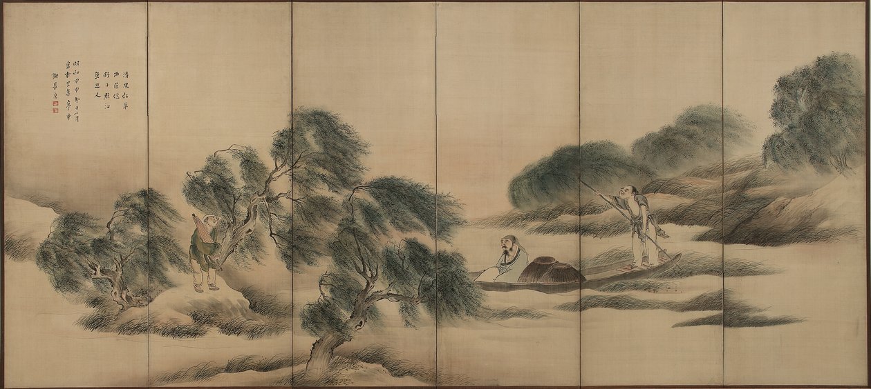 Pescando em um Rio depois de Chuva, período de Edo (tinta e cor em seda) de Yosa Buson