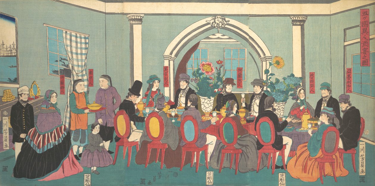 Estrangeiros das Cinco Nações Desfrutando de um Banquete, 3º mês, 1861. de Yoshikazu