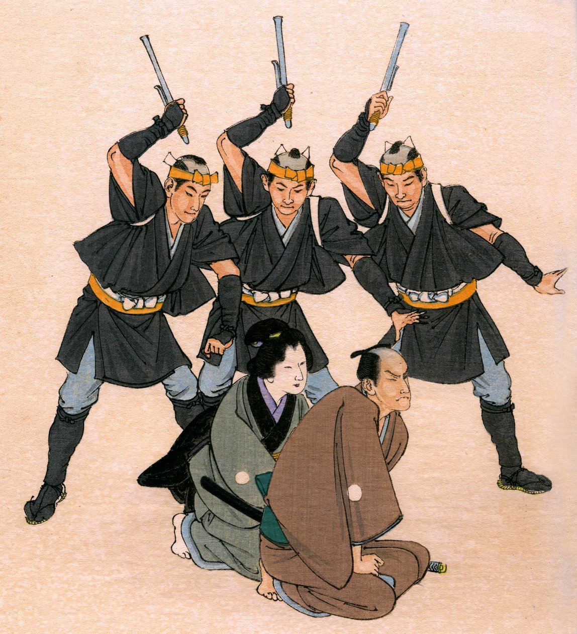 Teatro tradicional japonês: três homens de armas ameaçam um personagem masculino e um feminino de Yoshimune Arai