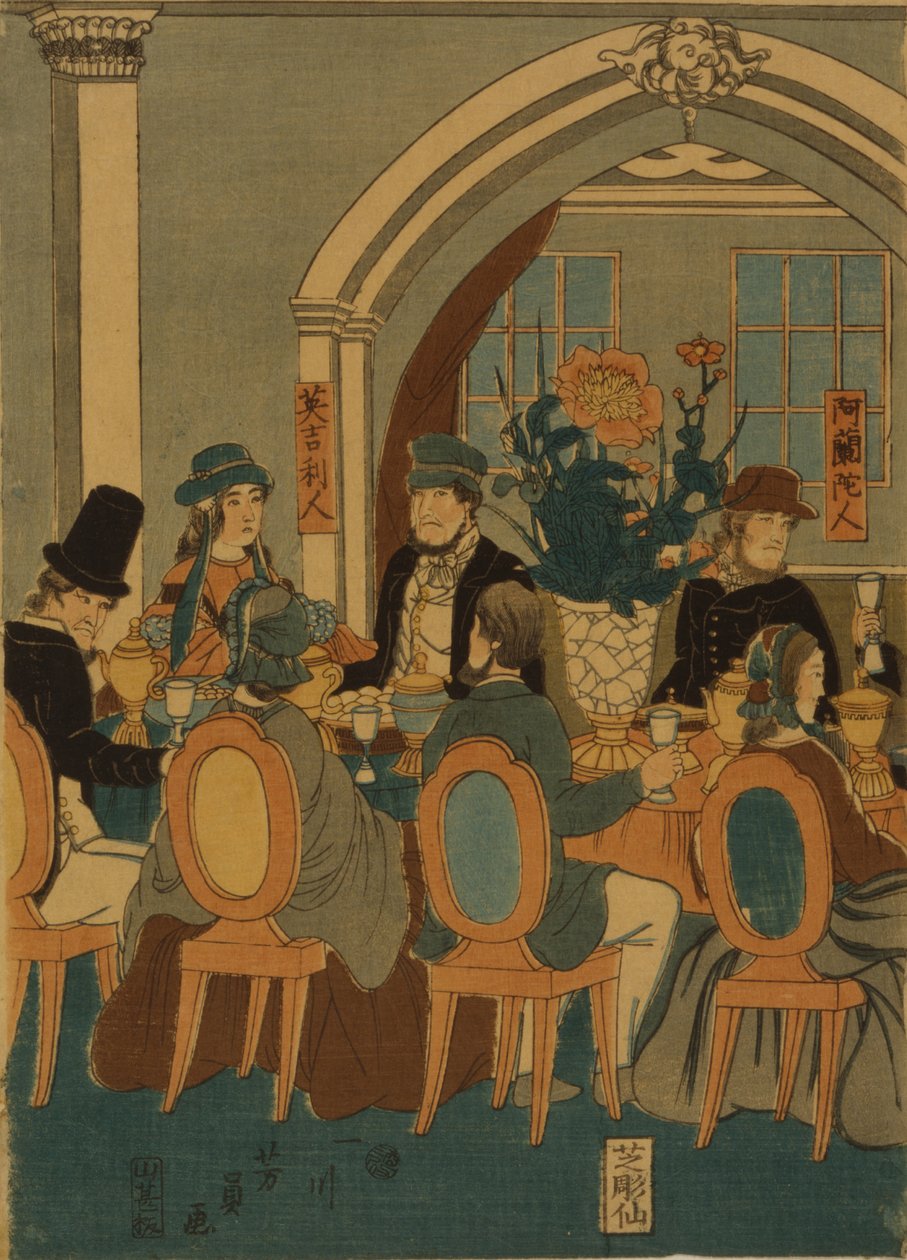 Banquete do clube de Yokohama de cinco nações, 1861 de Yoshitomi Utagawa