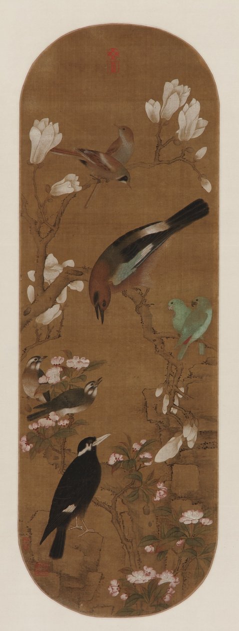 Aves e flores, dinastia Qing (tinta e cor de seda) de Yu Zhiding