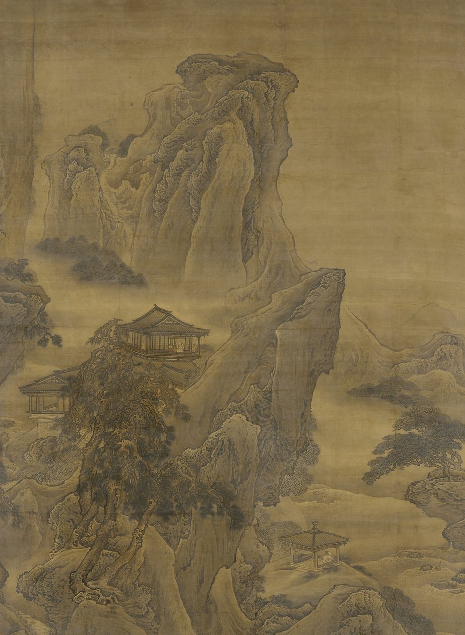 Misty River e Layered Cliffs, dinastia Ming (tinta e cor na seda) de Yuan Jiang