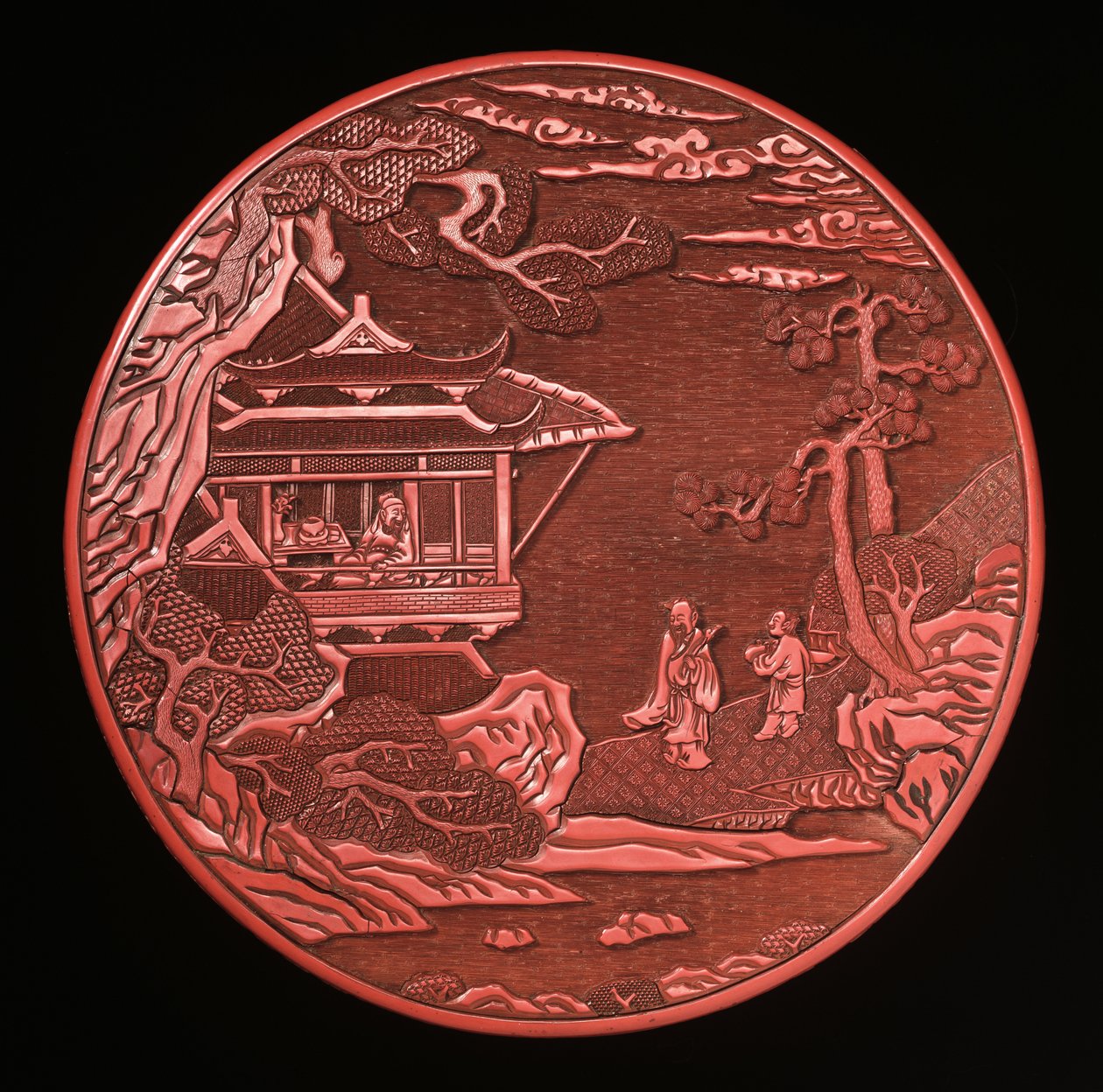 Caixa de Cinábrio Circular Esculpida e Tampa (madeira lacada) (ver também 272180 e 272181) de Yuan Dynasty Chinese School
