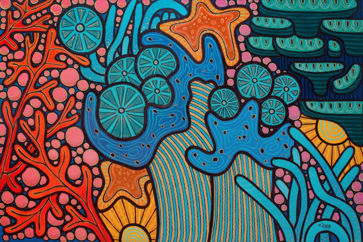Coral reef blue, 2023 (técnica mista sobre placa de madeira) de Yue Zeng