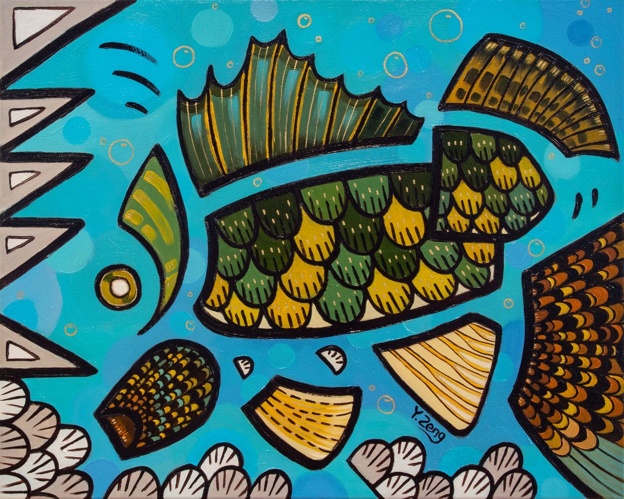 Peixes de água doce Walleye, 2023 (óleo sobre tela) de Yue Zeng