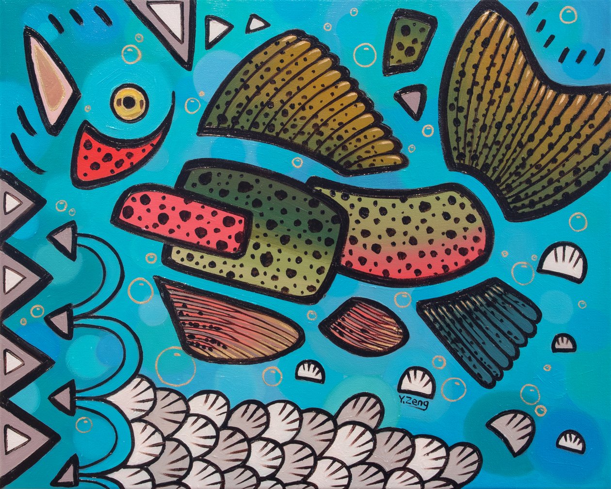 Peixes de água doce Truta arco-íris, 2023 (óleo sobre tela) de Yue Zeng
