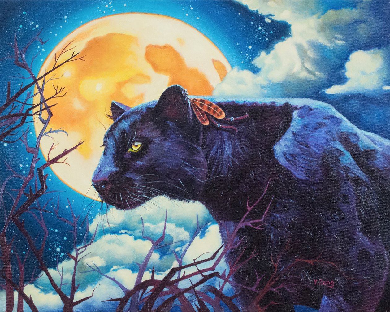 Pantera negra do Nightwatcher, 2023 (óleo sobre tela) de Yue Zeng