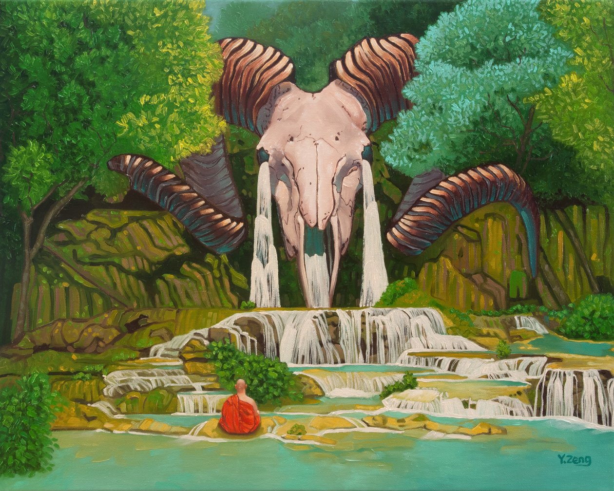Cascata de crânios de carneiro, 2023 (óleo sobre tela) de Yue Zeng