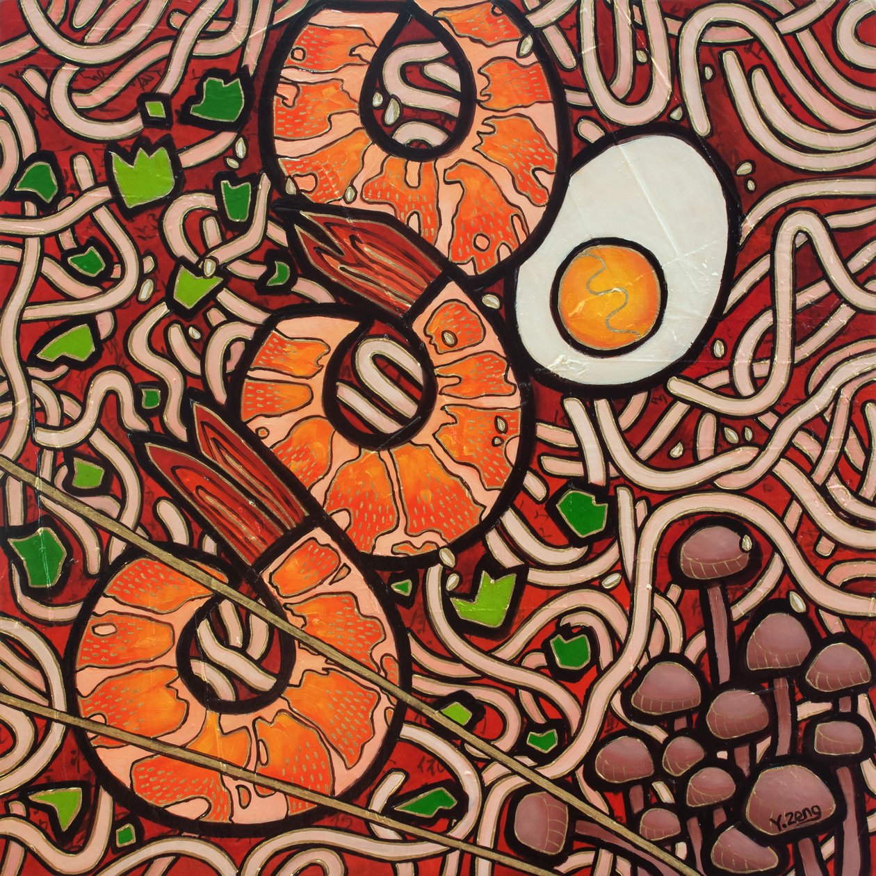 Ramen noodle Shrimp, 2023 (técnica mista sobre tábua de madeira) de Yue Zeng