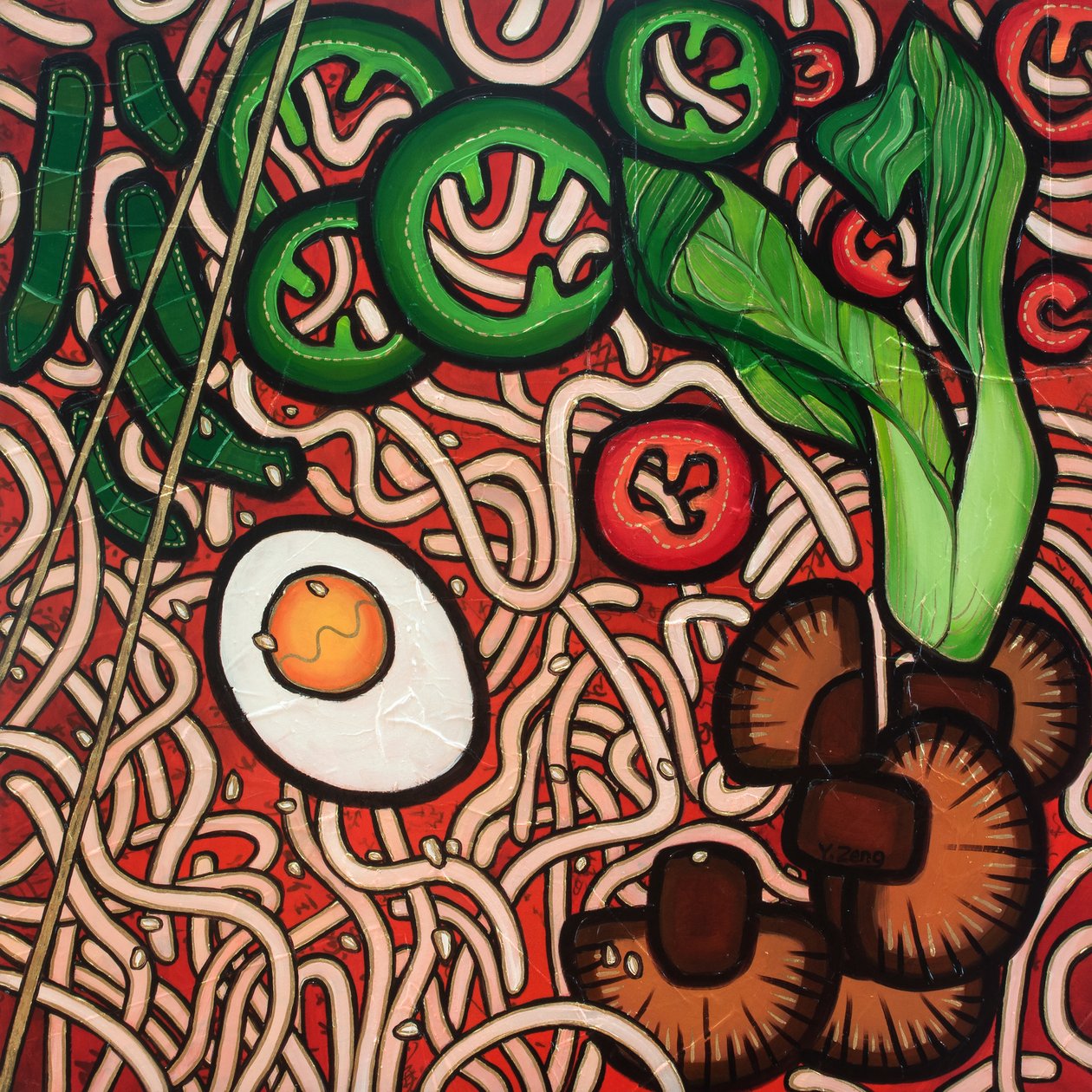 Ramen noodle vegetable, 2023 (técnica mista sobre tábua de madeira) de Yue Zeng