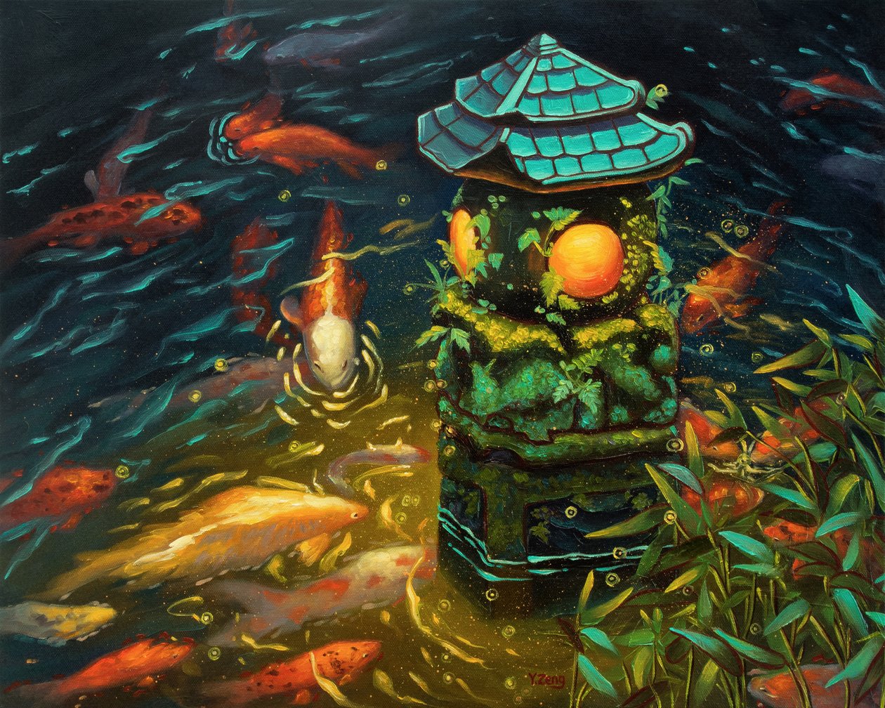 Lanterna de pedra com peixes koi, 2023 (óleo sobre tela) de Yue Zeng