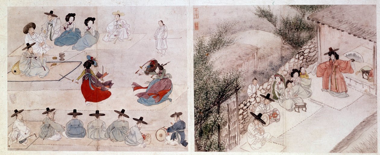 Art coreen: cena de combate das mulheres na vida quotidiana. Impressões de Sin Yun Bok (ou Hyewon fez em 1758). Século XVIII ou XIX. Colecção Hyung Pil Chun de Yun bok Sin