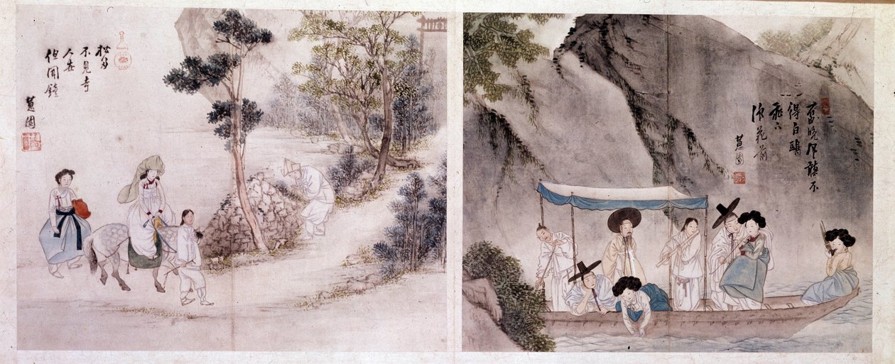 Coreen da arte: cena de caminhadas e de barcos. Estampas de Sin Yun Bok (ou Hyewon) (nascido em 1758). Século XVIII. de Yun bok Sin