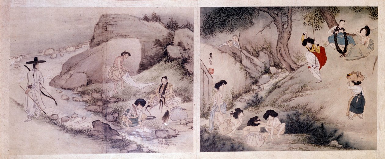 Arte coreen: mulheres a lavar a roupa e a vestir-se, e mulheres a fazer as suas casas de banho e a divertirem-se. Estampas de Sin Yun Bok (ou Hyewon) (b. 1758). Colecção Hyung Pil Chun de Yun bok Sin